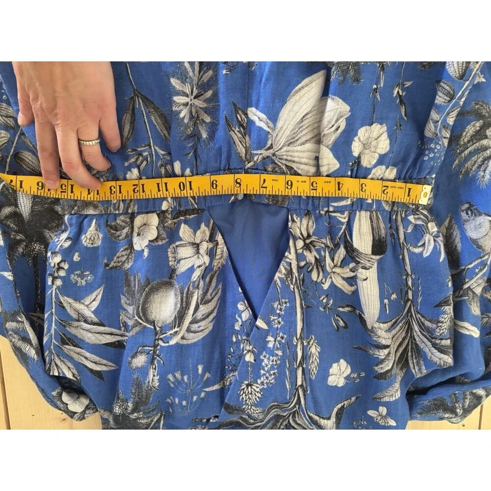 J crew Tropical Blue Linen Romper Cross Back Rainforest Birds 10 100% linen